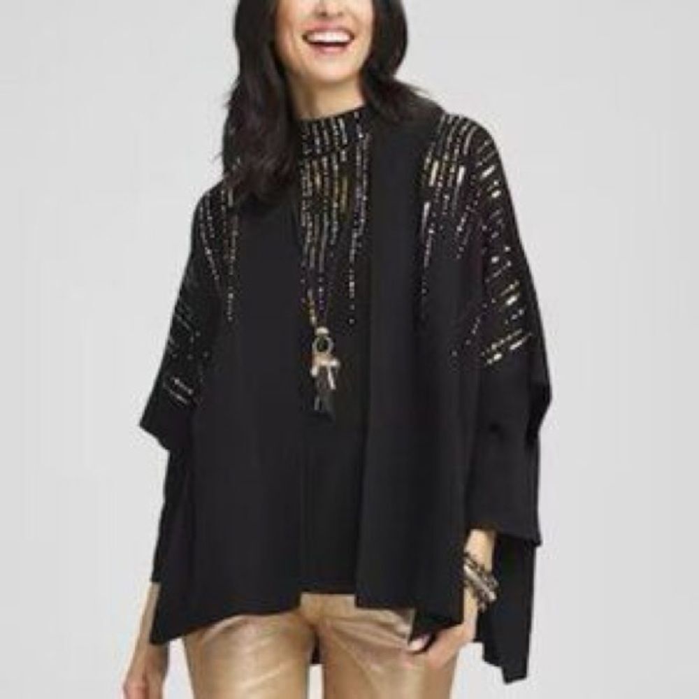 Chico's Sequin Embellished Ruana Short Sleeves Cardigan Sweater Size S/M Black